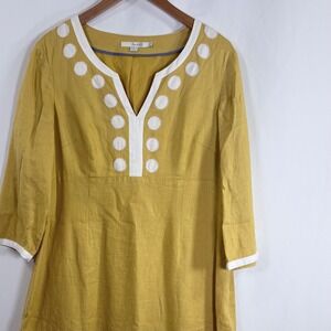 Boden Marigold Yellow Linen Applique Shift Dress White Trim US 12R UK 16R